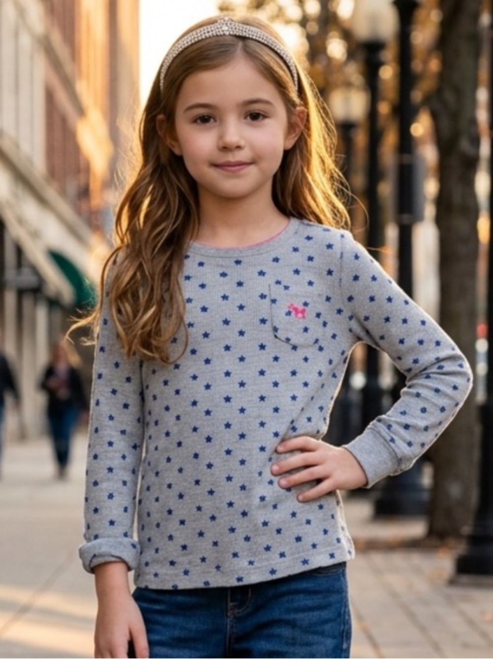 Mini Boden Grey Long Sleeve Star Print Tee with Pink Accent 9-10 years